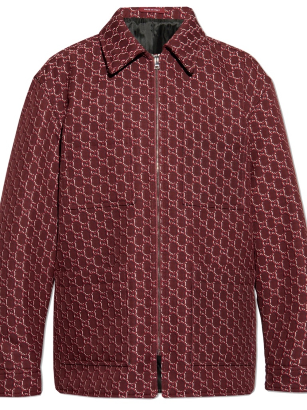 Gucci GG Shadow Ancora Red Logo Padded Wool Jacquard Runway Zip Shirt Jacket